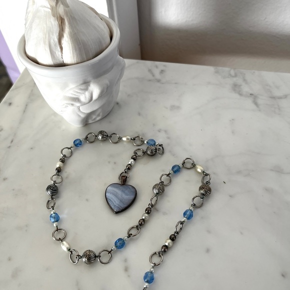 Clouds & Sky Blue Lace Agate Heart Gemstone Chain Lariat Choker Necklace - Picture 5 of 6